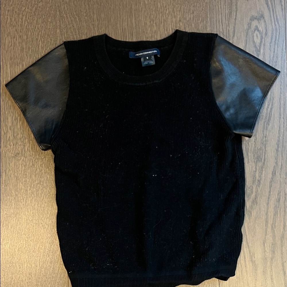 French Connection Black Tee with Faux Leather Sleeves